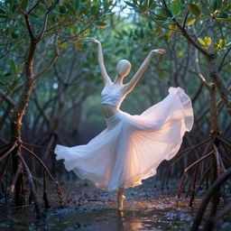 a mannequin dancer in a mangrove swamp, cinematic light, beautiful dreamy lighting,