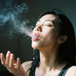 analog photographic portrait with 5 0 mm lens and f / 1 2. 0 of a 3 5 years old woman woman with her eyes closed and spurting from her mouth a white viscous fluid floating in the air. with a slight variation of light in the liquid and gesture.