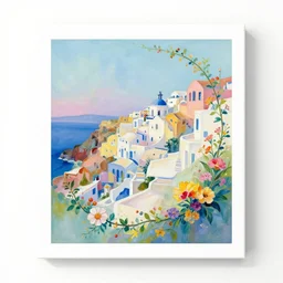 art print, colourful painting, flowers, vines, abstract, pastel colours, seaside greek town on a hill, by gary hume, etel adnan, stanisław szukalski, society 6