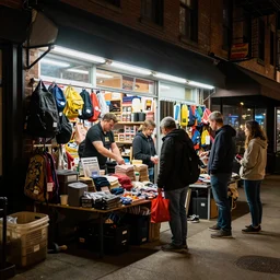 a busy side shop in usa, people outside sells, nighttime lifestyle, photorealistic