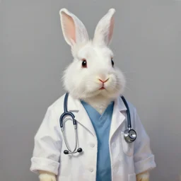 a white bunny wearing doctor's coat and stethoscope. digital art artstation. realistic oilpainting.
