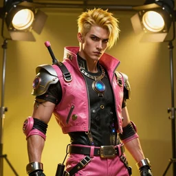 cyberpunk photorealistic character, tech wear outfit, wearables, actor, dramatic arts, theater, handsome, pink and yellow, edgy, piercing, awe inspiring, artstation hd, 8 k, detailed, intricate, ornate, studio lights, golden ratio, masterpiece