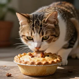 a kitty eating a chicken pot pie, hyper realistic, photograph, cute