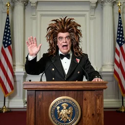 Frank-N-Furter addresses the US Congress from a podium in the US Capitol, associated press photo
