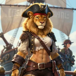 beautiful portrait of a female anthropomorphic lioness fursona dressed as a pirate captain on a pirate ship. exposed midriff and muscular abs. character design by charlie bowater, ross tran, artgerm, and makoto shinkai, detailed, soft lighting, rendered in octane