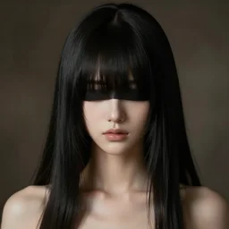 girl with black hair, eyeless, no eyes, long bangs over face, anime style