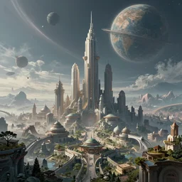 futuristic city on an alien planet by christopher balaskas and john harris, vivid, detailed, masterpiece, ethereal, atmospheric