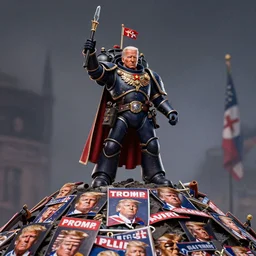 the emperor of mankind from warhammer 4 0 k as joe biden, standing ontop a mound of donald trump supporters