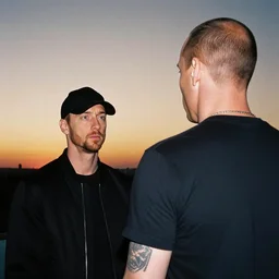 Eminem with Bruce Willis, seen from behind, sunset, Canon EOS 1000D, ƒ/3.5, focal length: 18.0 mm, exposure time: 1/5, ISO 400, flash on.