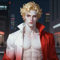 portrait of a beautiful young fit male vampire with curly blond hairs and pale skin, dressed with urban clothes, by Greg Rutkowski and alphonse mucha, d&d character, gradient white to red, in front of a modern night background, highly detailed portrait, digital painting, artstation, concept art, smooth, sharp focus ilustration, Artstation HQ