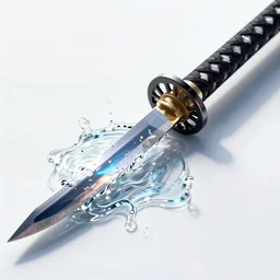 Katana with its water Blade entirety out of flowing water reflecting all light, Raytracing, white background with shadows, 40nm lens, full katana in vision,