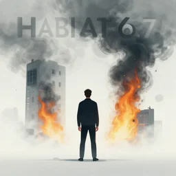 ( ( dither ) ), editorial illustration. a portrait of a lone man standing in habitat 6 7, burning, smoke, fog, modern art deco, colorful, mads berg, karolis strautniekas, halftoned, rich grainy texture, finely detailed, dynamic composition, wide angle, intricate, risograph, moody
