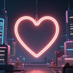 a glowing neon heart suspended above a futuristic cyberpunk city 4k ultra detailed