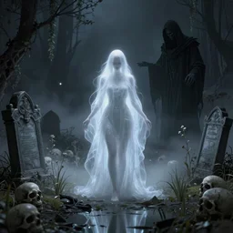 a beautiful centered etheral ghost female facing the reaper in ruined cemetery by night, intricate details, omnious style, volumetric light and fog, skulls, marsh vegetation, ponds, reflections, octane render