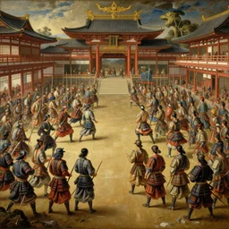 baroque oil painting of key visual large scale samurai battle at feudal japanese palace, akira kurosawa, brutalist fantasy, rule of thirds golden ratio, fake detail, trending pixiv fanbox, acrylic palette knife, style of makoto shinkai ghibli takashi takeuchi yoshiyuki sadamoto jamie wyeth james gilleard greg rutkowski chiho aoshima