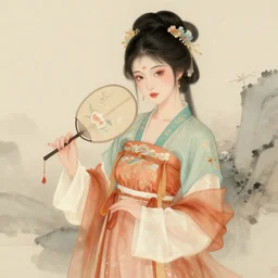 a beautiful chinese style painting of girl with han chinese clothing and holding fan, digital art, trending on artstation