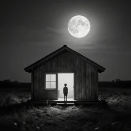 minimalistic house in the wood, big moon, boy, artwork by Rene Magritte, night, pinhole analogue photo quality, monochrome, blur, unfocus, cinematic, 35mm