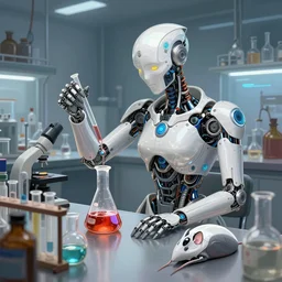 illustration mouse cyborg performing a chemistry experiment, in a cluttered lab, lots of beakers, cyberpunk, sci - fi fantasy, intricate, elegant, highly detailed, digital painting, artstation, concept art
