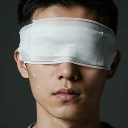 man with bandage over eye, photography