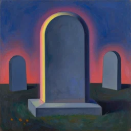 surreal geometric liminal tombstone of the future. neon light. painting by max ernst, morandi, agnes pelton, caspar david friedrich, roger dean