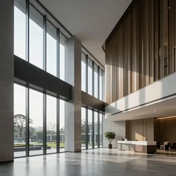 a beautiful office building lobby with sleek modern design by HOK with large windows