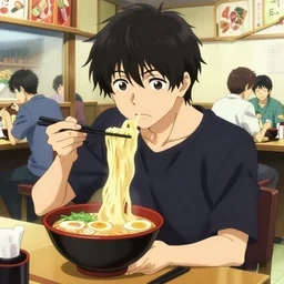 anime visual, full body illustration a young man having lunch at a ramen stand, handsome face by ilya kuvshinov, yoshinari yoh, makoto shinkai, katsura masakazu, dynamic perspective pose, detailed facial features, kyoani, rounded eyes, crisp and sharp, cel shad, anime poster, ambient light,