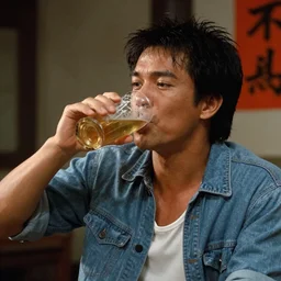 deleted scene from Big trouble in little China, cinematic still, Jack Burton drinking beer, amazing shot