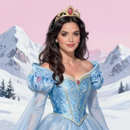 a cinematic portrait female cameron diaz snow princess, soft pink background, tall mountains, snow, intricate, elegant, highly detailed, digital painting, artstation, concept art, smooth, illustration, art by artgerm and hsiao ron cheng