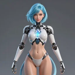 Tall sweet woman with an athletic build. She is a bio-machine. There is a crystal in her chest that can be removed. She lost her arms in a fight and now has to use cybernetic ones that attach at the shoulder. Her face and eyes are sharp but kind. Facial features fit her face. Small ears. She has a tail that she wraps around her waist at times. Her hair is in a slightly messy bob and colored light blue. Digital character art trending on artstation.