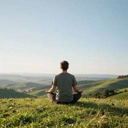 a super wide photo of a person meditating on a beautiful hill looking towards the sunset, whimsical, in complete bliss, serenity, wind, psychedelic, trending on artstation, highly detailed, 8 k
