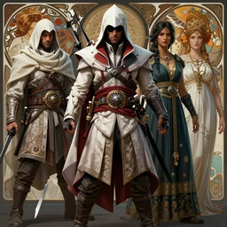 characters from the show reign combined with assassin's creed odyssey, shawl, scarf, robes, loincloth, dress, layered skirts, copious jewelry, art by artgerm and greg rutkowski and alphonse mucha and ruan jia, high detailed,