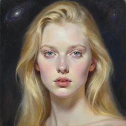hyperrealism oil painting, close - up portrait of blonde fashion model with pale skin in soft light, classicism style, space galaxy background, by mike dargas