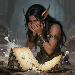 Jaina proudmoore sobbing over a moldy piece of cheese in anguish, official splash art world of Warcraft
