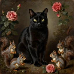 Baroque portrait of an black cat surrounded by a lot of squirrels and roses. Highly detailed, anatomically correct, dramatic lighting, oil paint on canvas