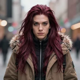 incredibly realistic, too detailed portrait of a caricature of the monster hunter with maroon long hair and winter coat, centered portrait, octane render, bump mapping, global illumination, unreal engine 5, 8 k, bokeh, d & d digital art, mark ryden, rob gonsalves