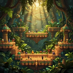 fantasy aztec warm and lush jungle forest side - scolling platformer level, intricate, elegant, highly detailed, dramatic lighting pouring through the canopy, hearthstone, sung choi, victor adame, tyler jacobson
