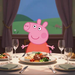 the head of peppa pig is being served as prepared food at a dinner table