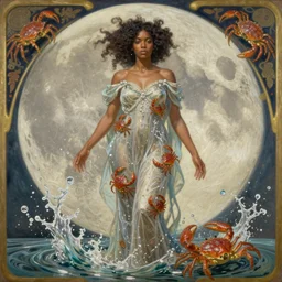 lunar goddess with dress made of splashing water and crustaceans, beautiful mixed race black woman in water gown, lunar imagery, crab crustacean symbols, digital oil painting by artgerm, greg rutkowski, mucha, portrait | art nouveau. d & d. ornate intricate detail, complimentary air tones. sharp edges. clear detailed. 8 k. elegance