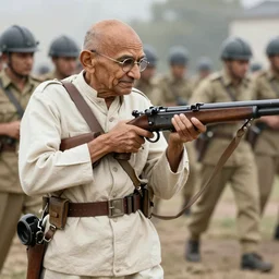 photograph of gandhi with a machine gun, fighting off a platoon of british soldiers, on the steps of the taj mahal, wide angle, ultra high quality, film