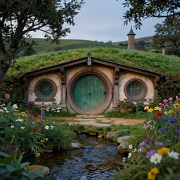 low angle front facing view of hobbiton architecture by the stream, with garden, highly detailed matte painting, evening, by stanley artgerm lau, greg rutkowski, thomas kinkade, alphonse mucha, loish, norman rockwell, artstation, unreal engine 5