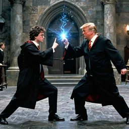 Donald Trump fighting with magic against Harry Potter