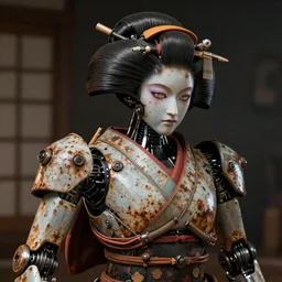 A rusty, beaten up Japanese robotic geisha, dramatic lighting, hyper-realistic, ultra-realistic, intricate details, 4k, digital art