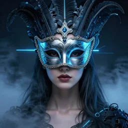 centered portrait of a beautiful woman wearing a venetian mask, intricate concept art, ethereal, highly detailed, artstation, smooth, sharp focus, mist, volumetric lighting, darksynth, illuminated blue neon lines, outrun, vaporware, octane render, 8 k, by ruan jia and ilya kuvshinov and liam wong and alphonse mucha