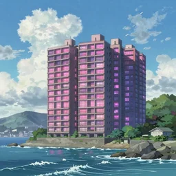 a beautiful landscape image of a singular huge cyperbunk apartment with pink and purple coloured light coming from windows located on a seacoast, waves, clear sky, breathtaking clouds, anime style, by makoto shinkai