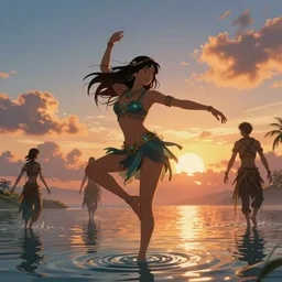 Himalayan woman dancing on water, tropical sci fi fashion, sunset, dramatic angle, dynamic pose, 8k hdr pixiv dslr photo by Makoto Shinkai ilya kuvshinov and Wojtek Fus
