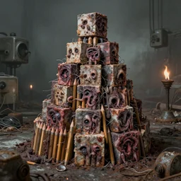 pencils of stacked, tiered, dead god, unsymmetrical, square horror squid cubes colossusi, distant surrounding med equipment, abandoned filthy, chemical burns, rusted, macerated, eviscerated by fimbria wires, by v finlay, wayne d barlowe, stefano tamburini, geof darrow, torch light, muted colors, epic,