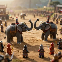tai warriors and khmer warriors battlefield with elephant duel, in the lego movie, movie still, cinematic lighting, ray tracing, octane render, long lens, shallow depth of field, bokeh, anamorphic lens flare, bird's eyes view, 8 k, hyper detailed, 3 5 mm film grain - w 7 0 4