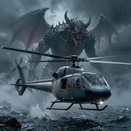 A highly detailed matte painting, helicopter shot of a giant demon in a stormy sea in a storm at night, fog, rain, volumetric lighting, imax render, 8K resolution, trending on artstation, style of alan lee and john howe