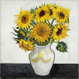 an abstract painting of a vase with sunflowers by pablo picasso, black, white, yellow