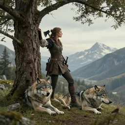 a warrior, female, she rests an axe on her shoulder, she is grabbing a nearby tree, looking onto the horizon, a big wolf is next to her, fall, mountain landscape, portrait by magali villeneuve and ames jean and artgerm and greg rutkowski, 4 k, artstation, realistic, cinematic composition, d & d